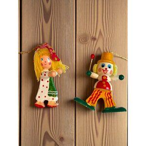 Vintage Wooden Clown and Girl Hand Painted Christmas Ornament